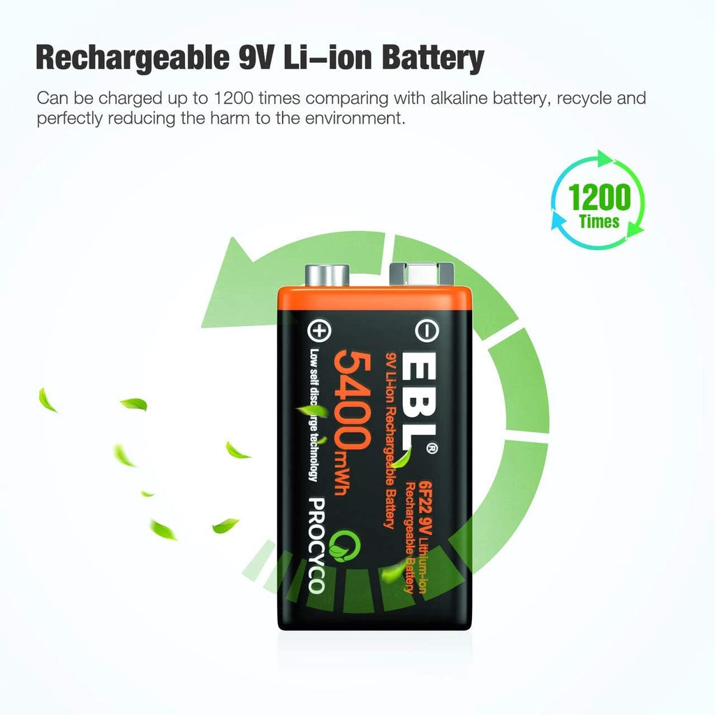 EBL EB-95004 9V 6F22 (4 pcs) Lithium-Ion Rechargeable Batteries with Micro USB Input 5400mWh Battery