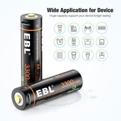 EBL AA (4pcs) USB AA Rechargeable Batteries 1.5V AA Lithium Ion Rechargeable Battery 3300mWh TB1443