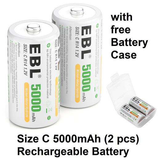 EBL C Size C Cell (2 pcs) 5000mAh Rechargeable Batteries Ni-MH with Case HR14 Rechargeable Battery