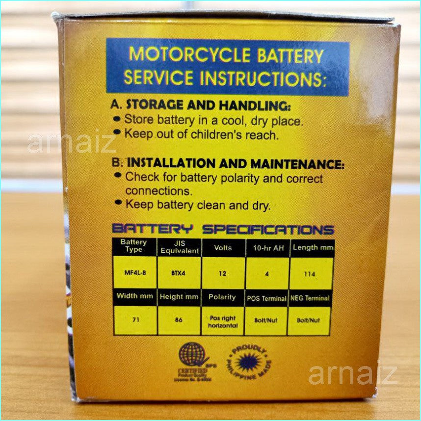 Motolite MF4L-B Maintenance Free Motorcycle Battery YTZ5S YT4L-BS YTX4L-BS MF4LB YTX4L