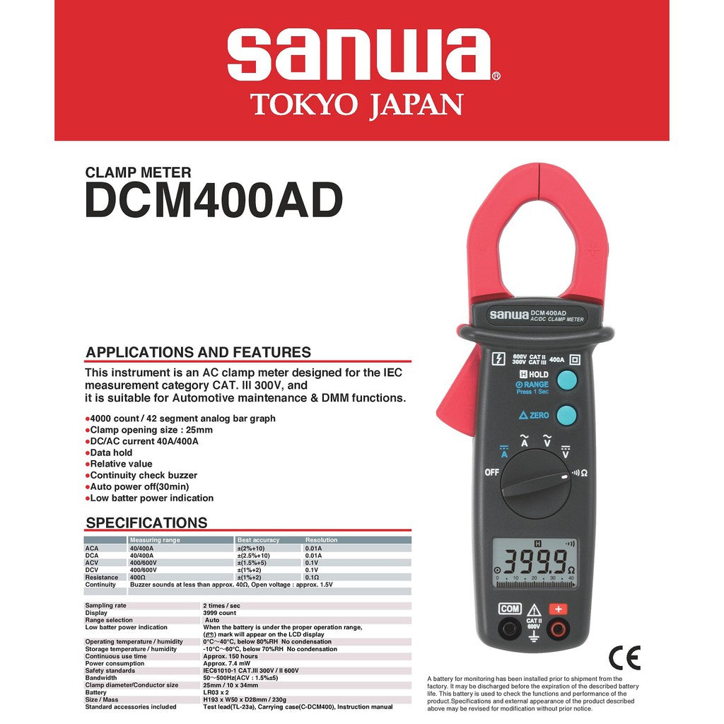 Sanwa DCM400AD Clamp Meters DC AC current 40A 400A 4000 count DMM functions