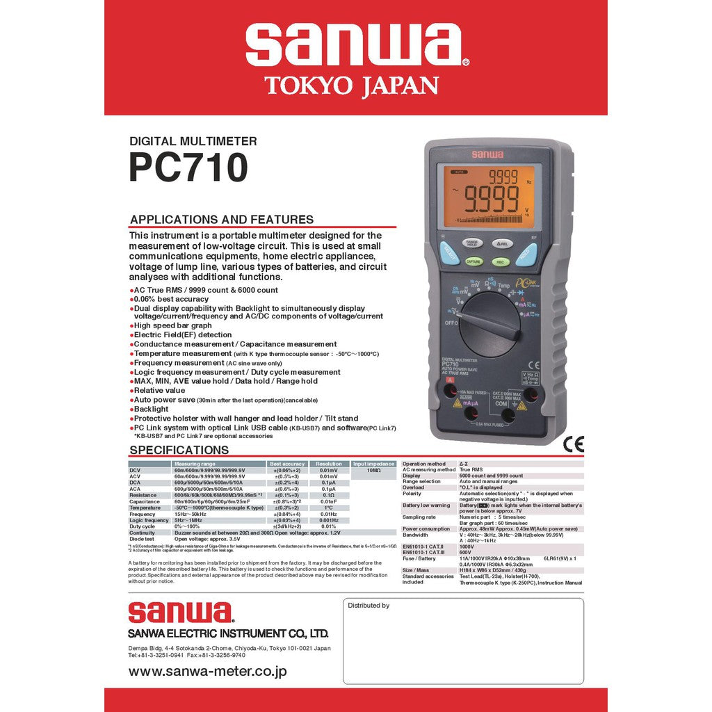 Sanwa PC710 Digital Multimeters High accuracy High resolution PC Link True RMS Dual Display