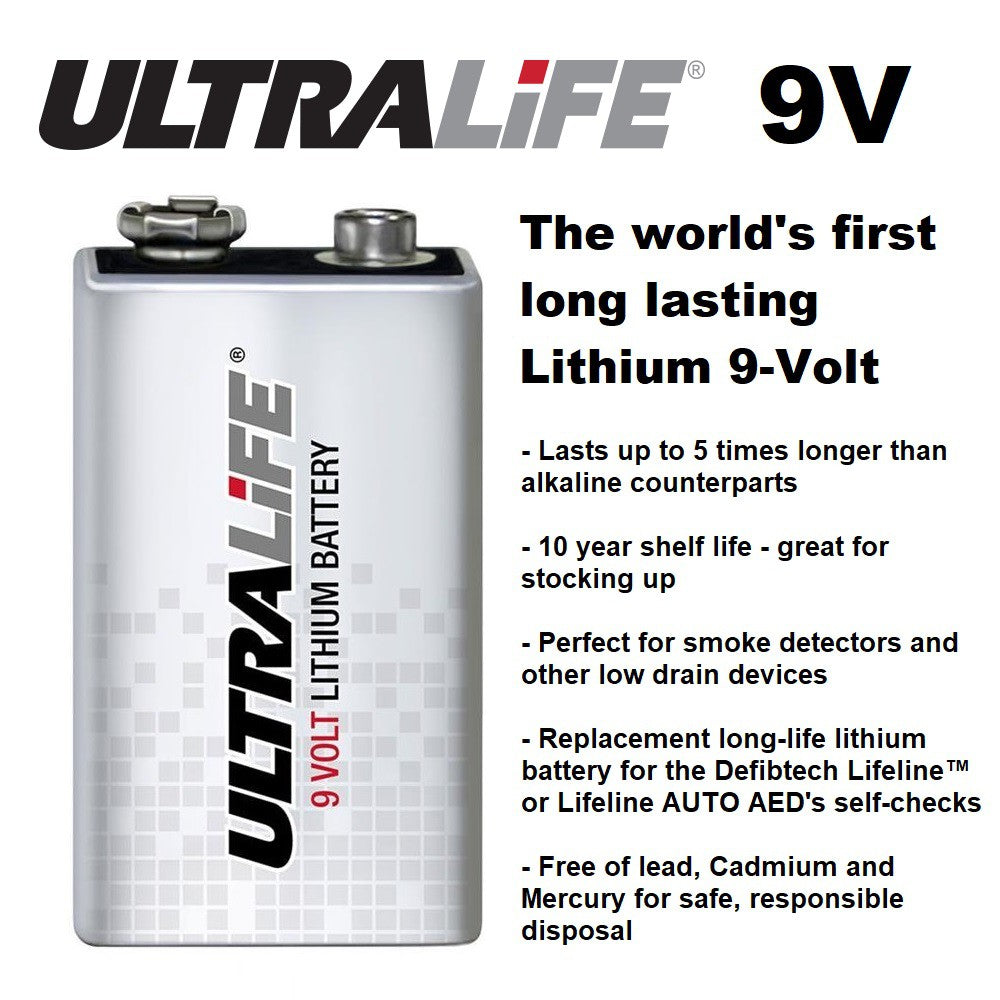 Ultralife 9V Lithium Battery 9 Volts Batteries for Defibtech Lifeline AUTO AED Smoke Alarm Battery