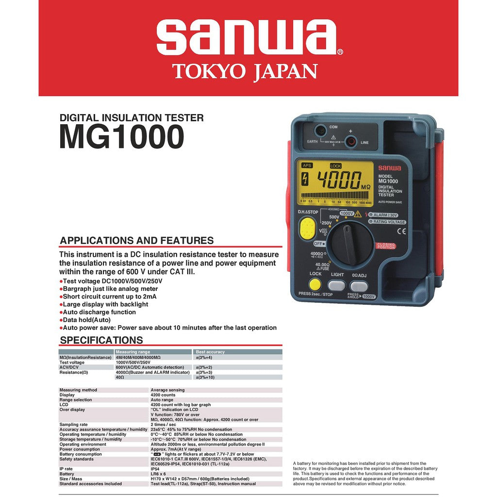 Sanwa MG1000 Digital Insulation Tester 4000 Megaohms Megger Resistance Tester