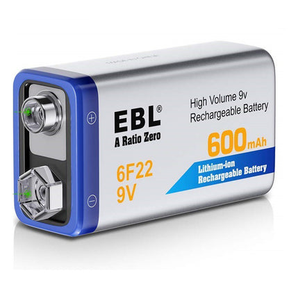 EBL 9V Rechargeable Battery 600mAh Li-ion Lithium-ion 9 Volt 6F22 9 Volts Batteries 9V Chargeable