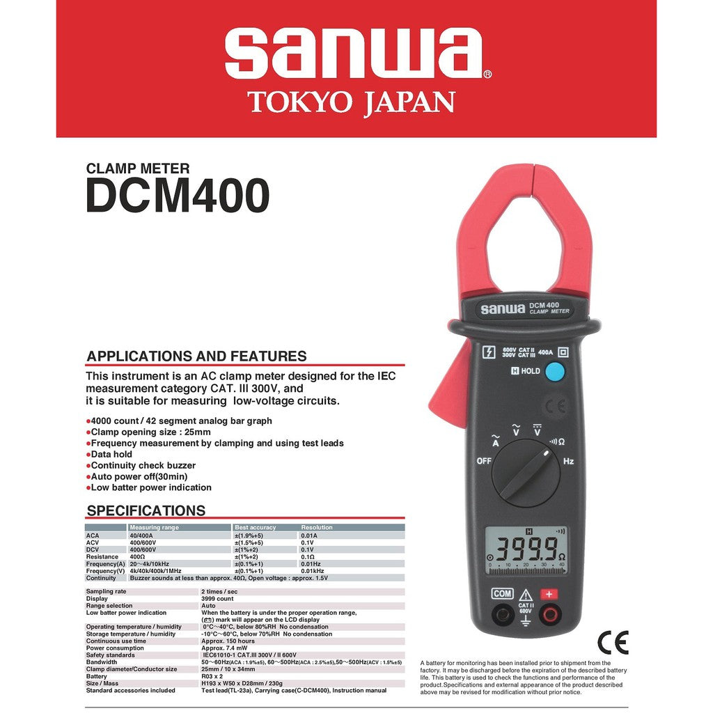 Sanwa DCM400 Clamp Meter AC 4000 Count, Low cost & DMM functions