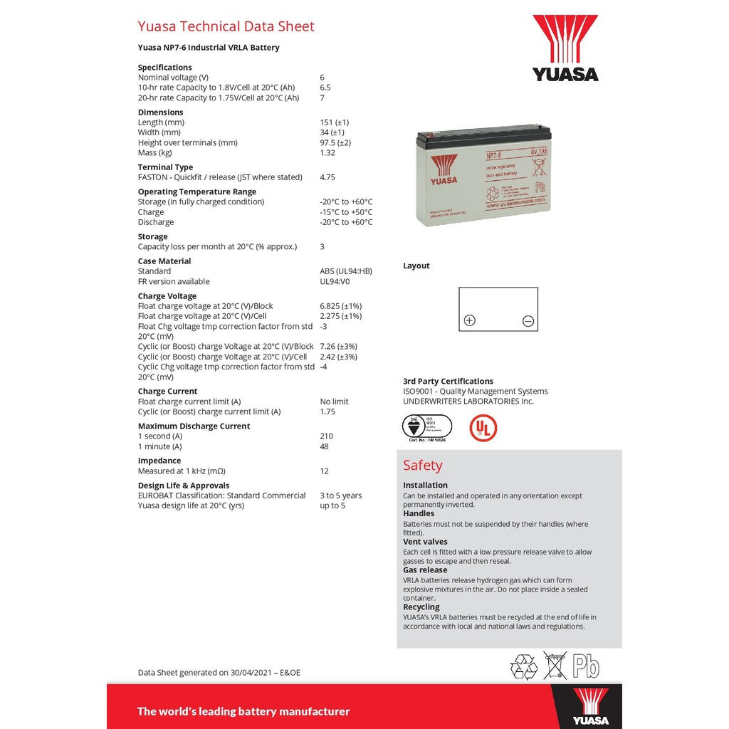 Yuasa 6V 7Ah SLA Rechargeable Battery NP7-6 Valve Regulated Sealed Lead-Acid Battery Toy Car Toycar