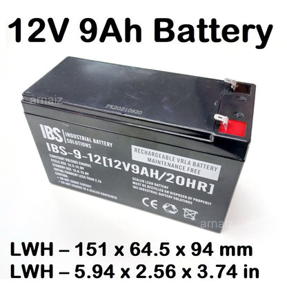 UPS Battery 12V 9Ah 20hr 12 Volts 9 Ampere Rechargeable Valve Regulated Lead Acid (VRLA) Battery