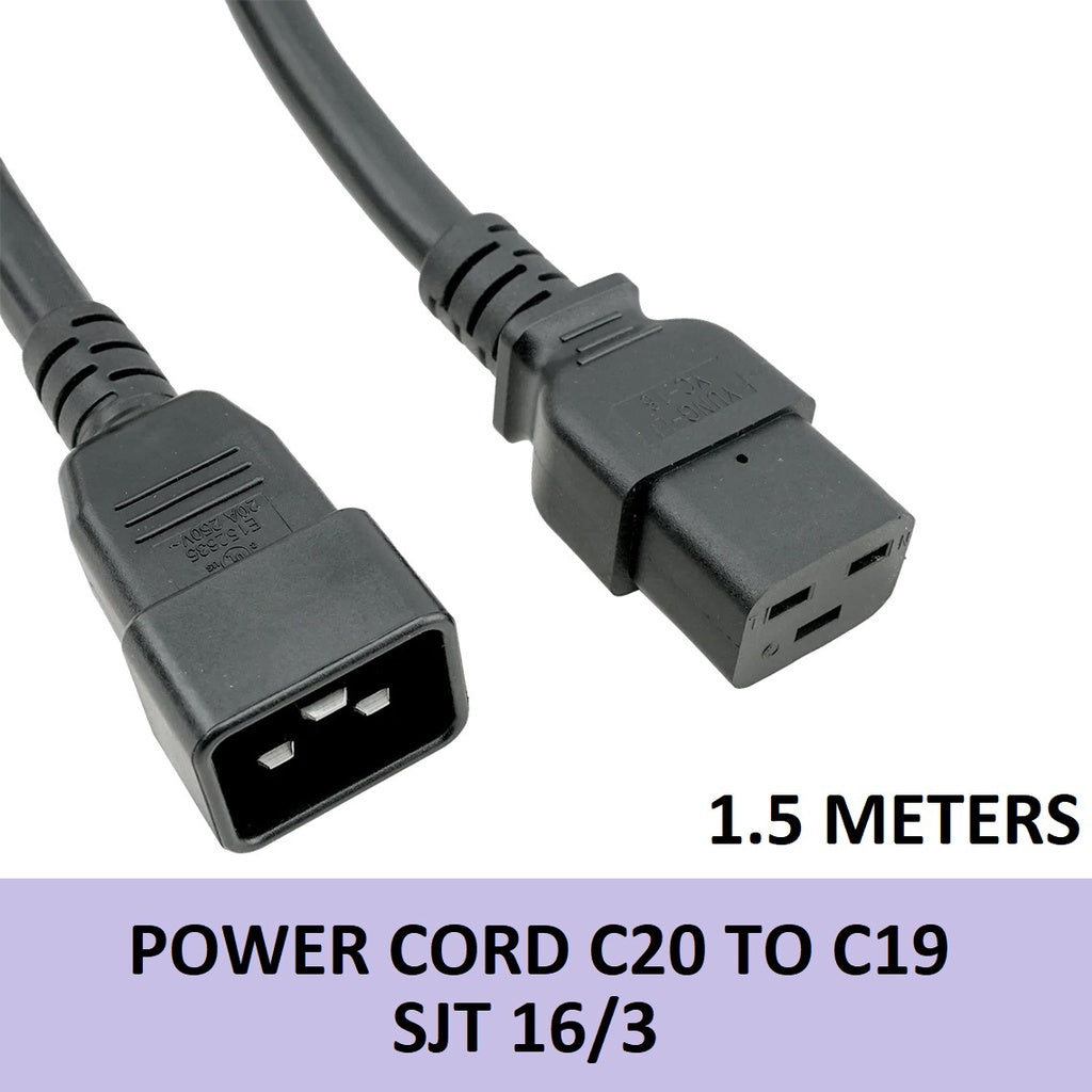 Power Cord C20 to C19 13A 250V 16 AWG 1.5 Meters Heavy Duty Black 1.5m