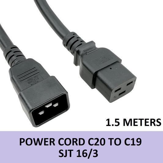Power Cord C20 to C19 13A 250V 16 AWG 1.5 Meters Heavy Duty Black 1.5m
