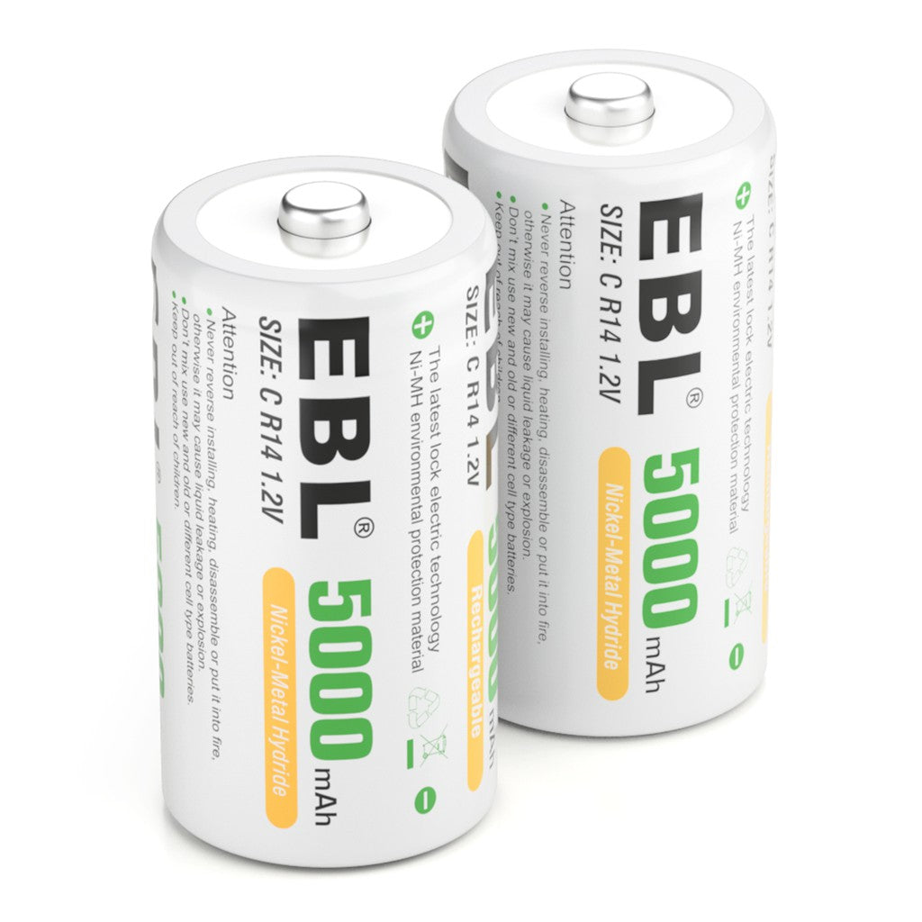 EBL C Size C Cell (2 pcs) 5000mAh Rechargeable Batteries Ni-MH with Case HR14 Rechargeable Battery