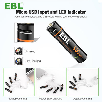 EBL AAA (4pcs) USB AAA Rechargeable Batteries 1.5V Lithium Ion Rechargeable Battery 900mWh TB1444