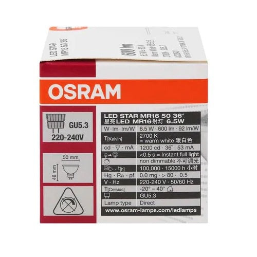 Osram Led Star MR16 6.5W 2700K 220V GU5.3 36D Led Lamp Downlight Warm White