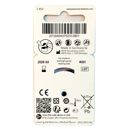 Power One Zinc Air Implant Size 675 PR44 (6 pcs)Hearing Aid Battery Hearing Aid Batteries 1.45V A675