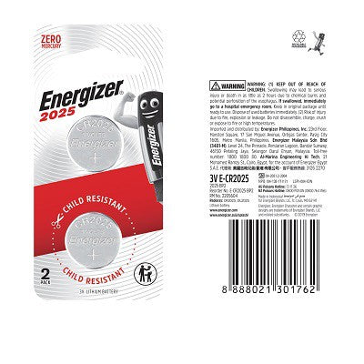 Energizer CR2025 (2 pcs) CR 2025 Battery CR-2025 Coin Cell Button 3V Lithium Batteries