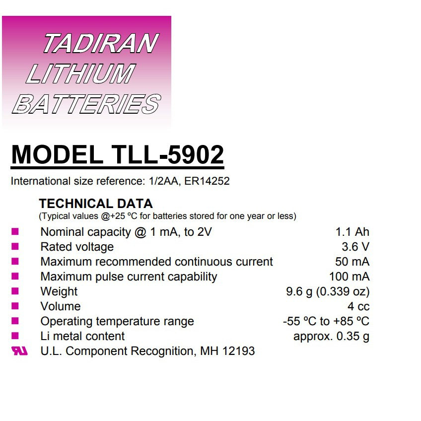 Tadiran TL-5902 1/2AA size Lithium Battery 3.6V Tadiran TL-5902/S TLL-5902/S Batteries TL-2150