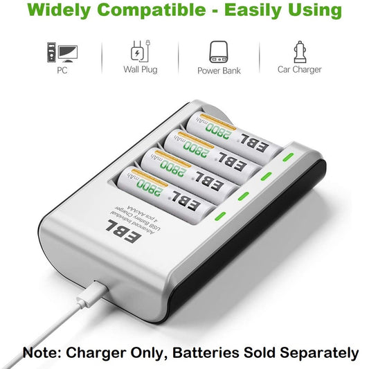 EBL 807 LN-6420 4 Slot AA AAA Battery Charger with LED Indicate Lights USB Type 4 Bay 4 Port