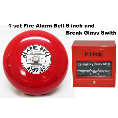 Fire Alarm System Set Fire Alarm Bell 6 inches diameter 220v with Break Glass Call Point Manual Push