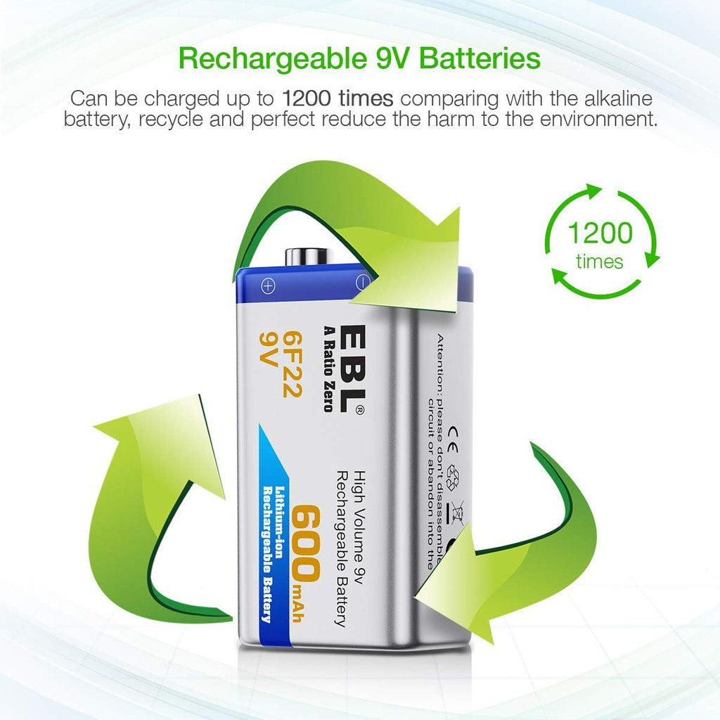 EBL 9V Rechargeable Battery 600mAh Li-ion Lithium-ion 9 Volt 6F22 9 Volts Batteries 9V Chargeable