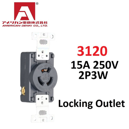 American Denki 3120 Locking Outlet 15A 250V NEMA L6-15 2 Pole 3 Wire Receptacle