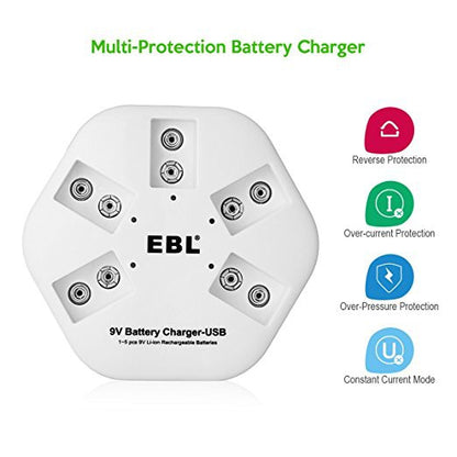 EBL iQuick USB 9V Battery Charger Lithium Battery Charger 5 Charging Slots for 9 Volts Rechargeable