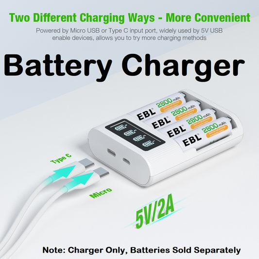 EBL TB-6409 Smart AA AAA Battery Charger 4 Slots LCD Rechargeable Battery Charger Micro USB Type C