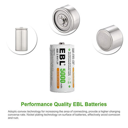 EBL C Size C Cell (2 pcs) 5000mAh Rechargeable Batteries Ni-MH with Case HR14 Rechargeable Battery