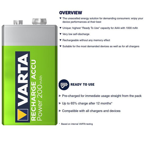 Varta 9V Rechargeable Battery 56722 R2U (1 pc) 200mAh Rechargeable Batteries HR9V