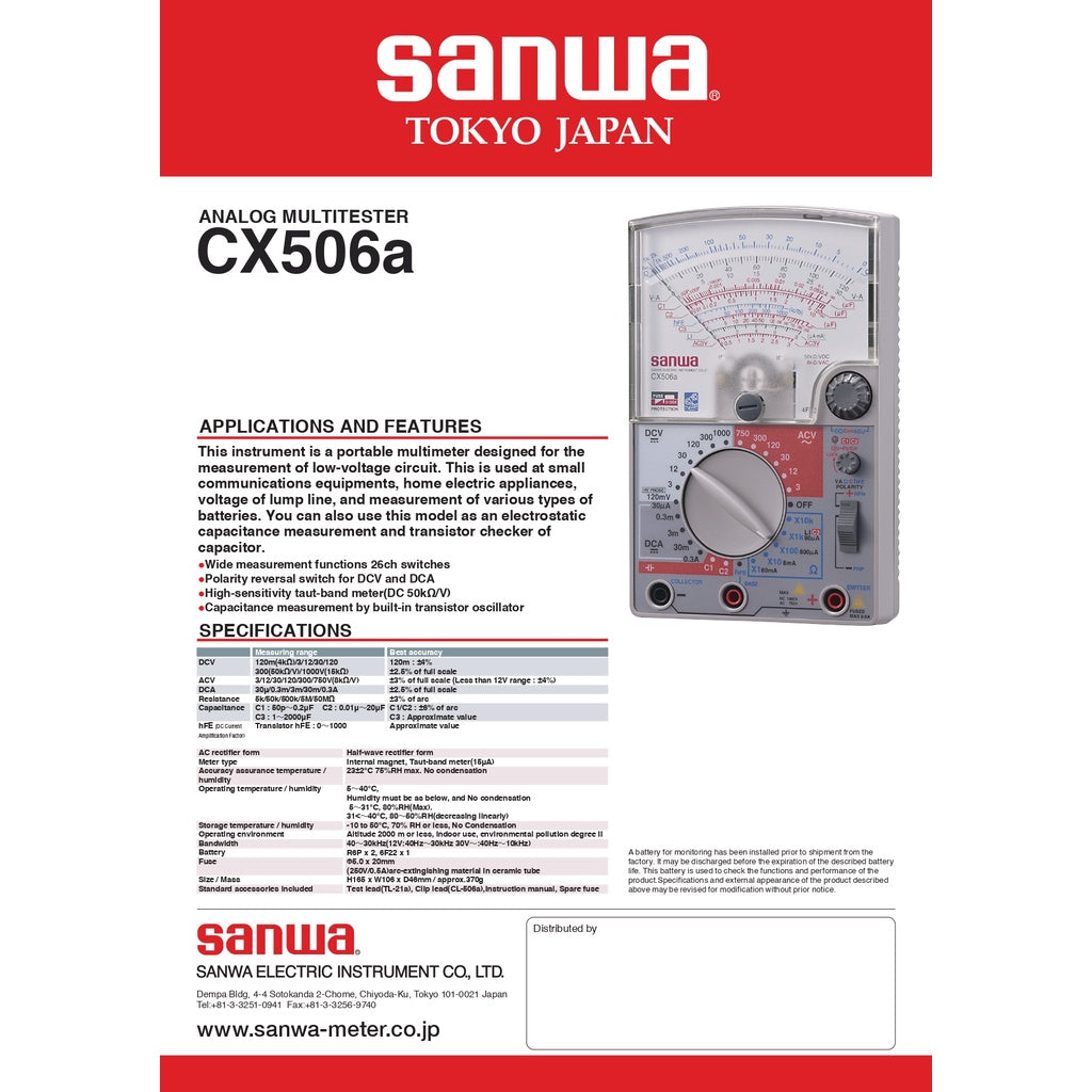 Sanwa CX506A Analog Multi-Tester Multi-Meter Made in JAPAN Analogue Multitester Multimeter