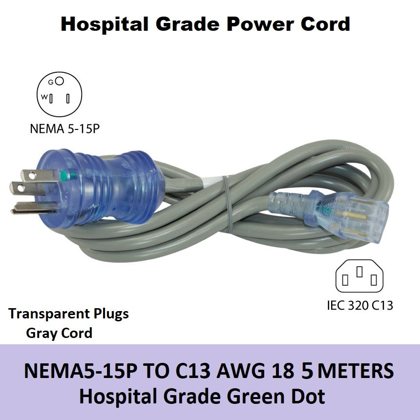 Hospital Grade Power Cord NEMA5 15P TO C13 AWG 18 5 Meters Green Dot NEMA5-5P 5m