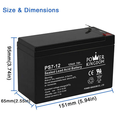 Power Kingdom UPS Battery 12V 7Ah 20hr PS7-12 12 Volts 7 Ampere Rechargeable Valve Regulated Lead Ac