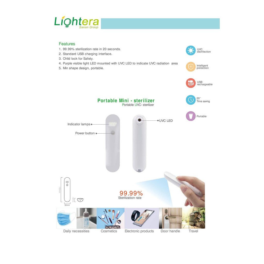 Portable Mini Sterilizer UVC LED Stick 20 Seconds Quick Action Pocket Size USB Rechargeable Lightera