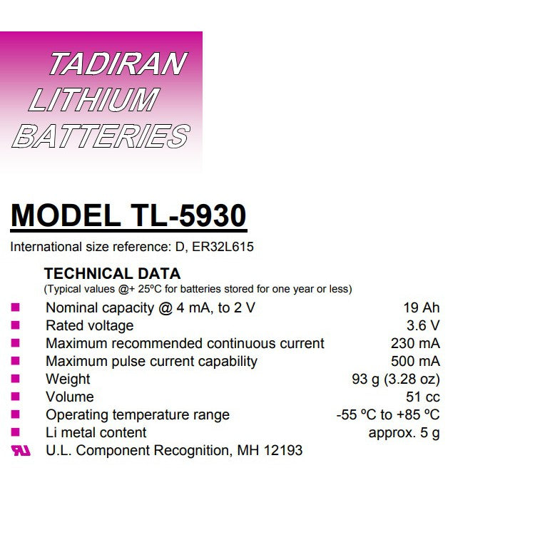 Tadiran TL-5930 Battery size D Lithium Battery 3.6V - non Rechargeable Tadiran TL-5930/S Batteries