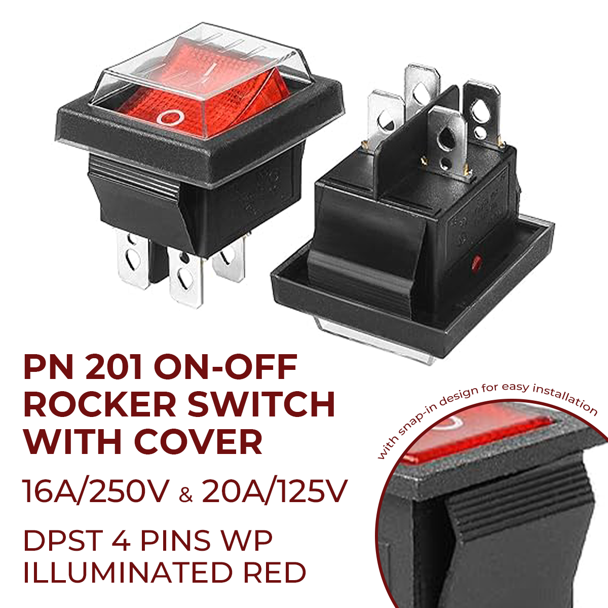 Rocker Switch DPST 4 Pins 2 Position ON Off Boat Toggle Switch Red LED Illuminated 16A 250V 20A 125V