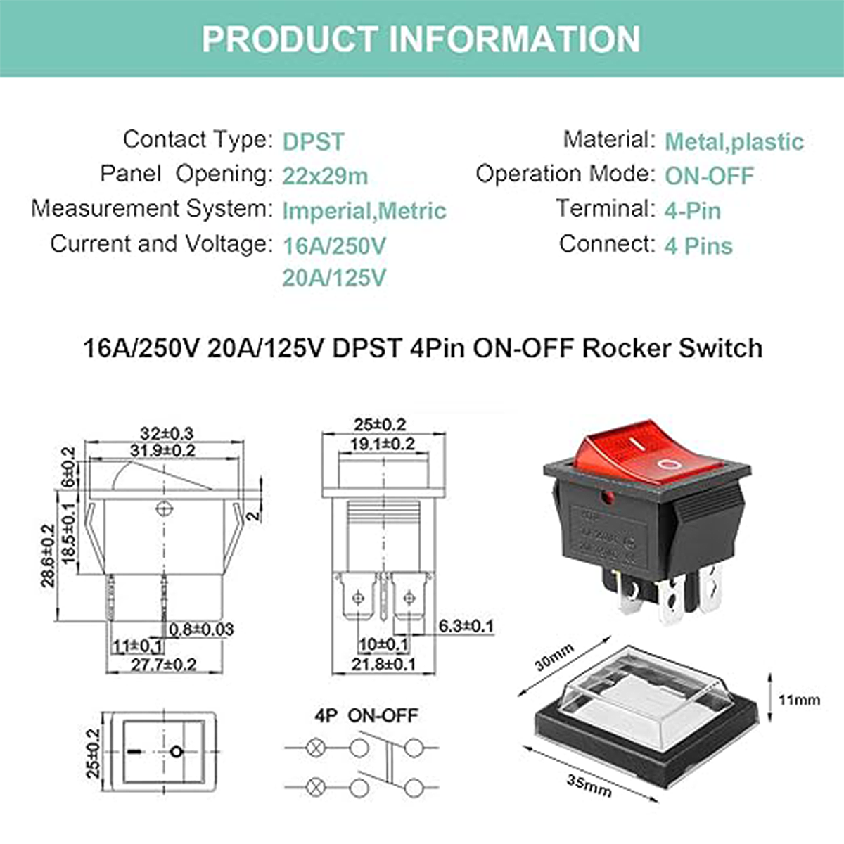 Rocker Switch DPST 4 Pins 2 Position ON Off Boat Toggle Switch Red LED Illuminated 16A 250V 20A 125V