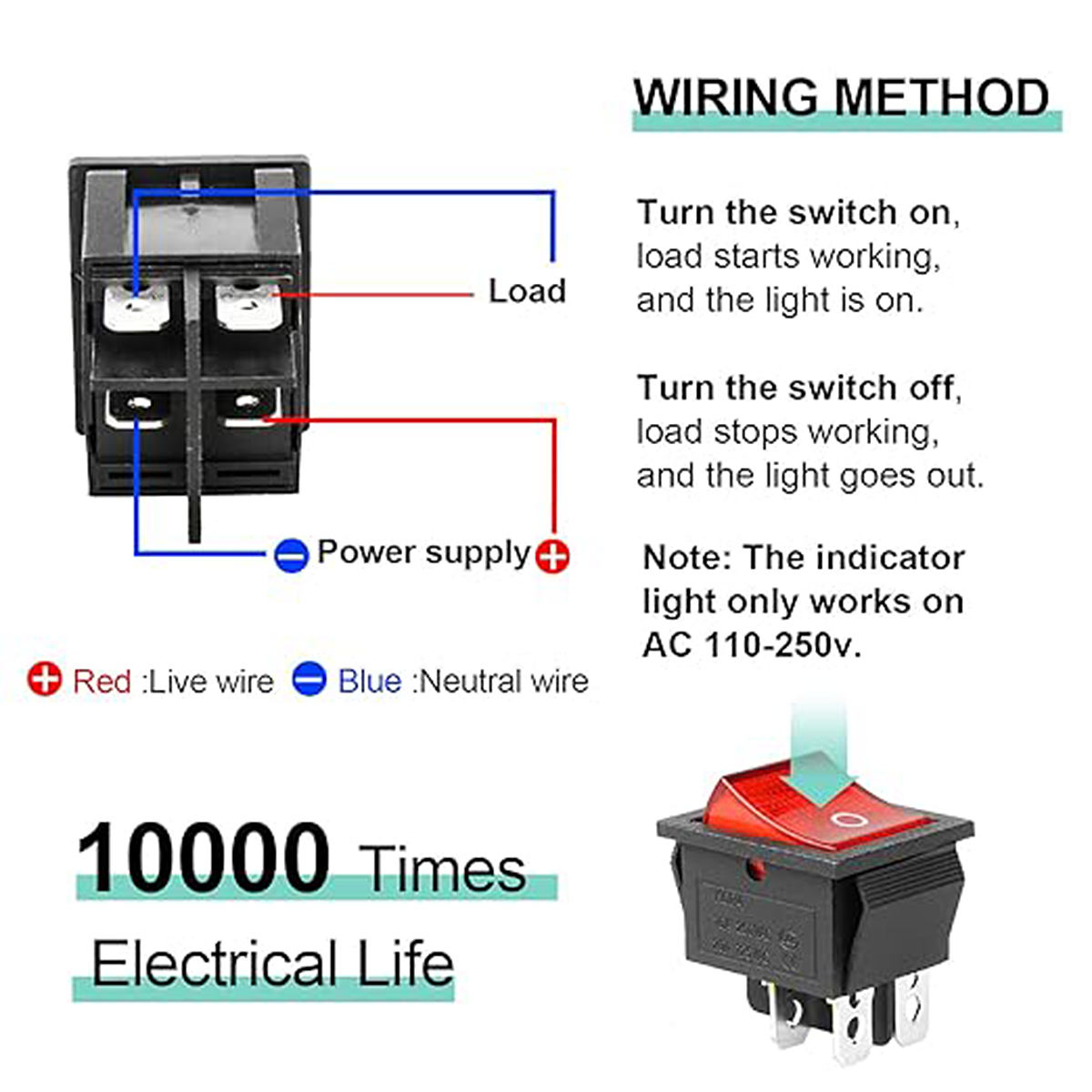 Rocker Switch DPST 4 Pins 2 Position ON Off Boat Toggle Switch Red LED Illuminated 16A 250V 20A 125V