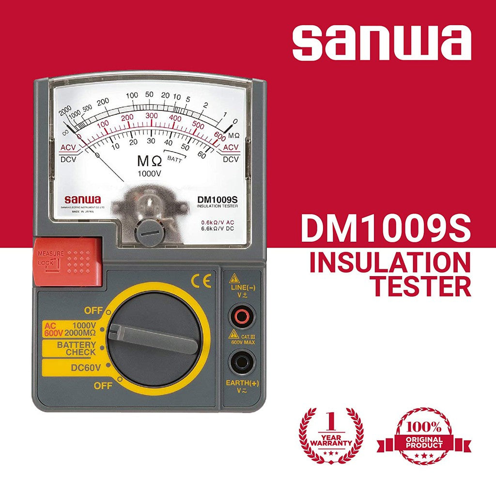 Sanwa DM1009S Analog Insulation Resistance Tester 1000V 2000 Megaohms AC 600V DC 60V