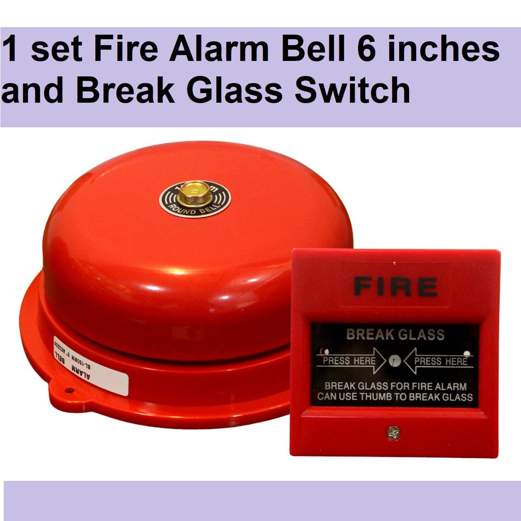 Fire Alarm System Set Fire Alarm Bell 6 inches diameter 220v with Break Glass Call Point Manual Push