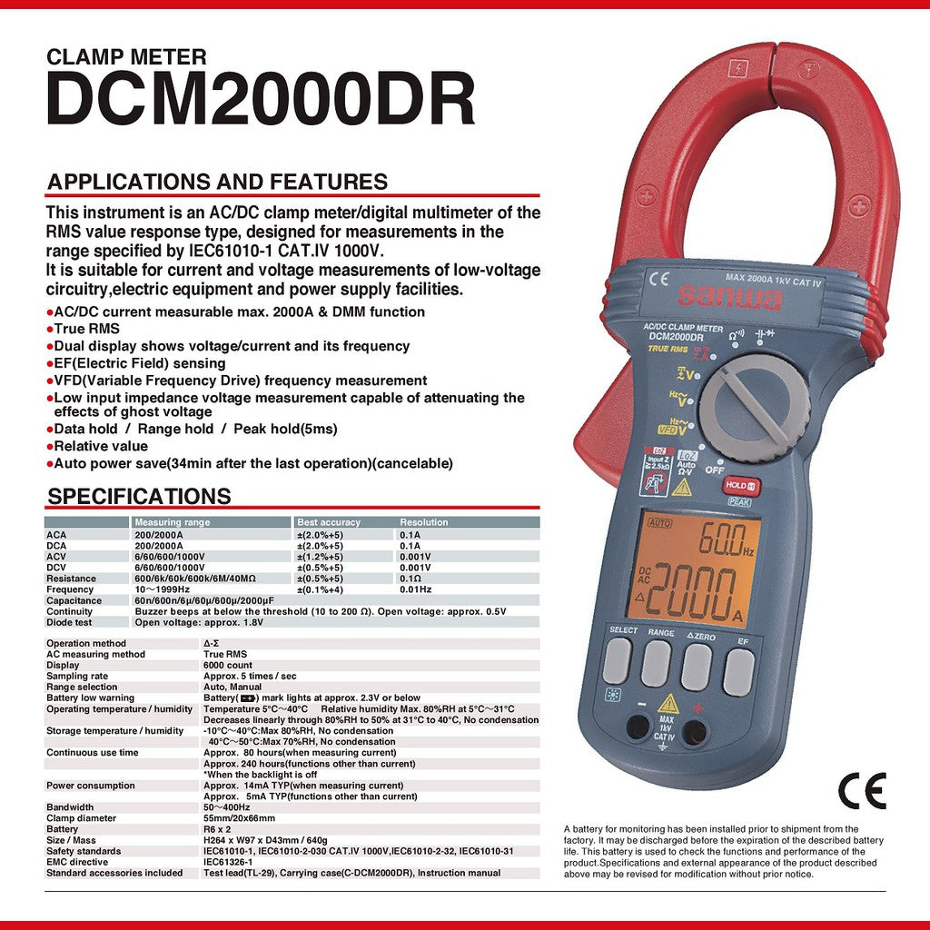 Sanwa DCM2000DR Digital Clamp Meter DC/AC current measurable max. 2000A, CAT.IV 1000V