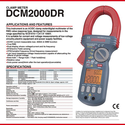 Sanwa DCM2000DR Digital Clamp Meter DC/AC current measurable max. 2000A, CAT.IV 1000V