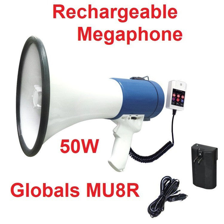 Megaphone 50W Rechargeable Portable Global’s MU-8R Talk, Siren, USB, SD and Recording White Blue HD