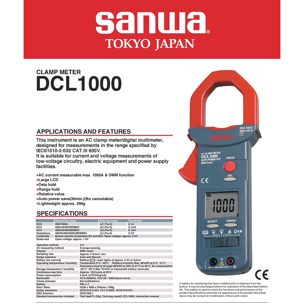 Sanwa DCL1000 AC Digital Clamp Meter 1000A AC 600V AC-DC