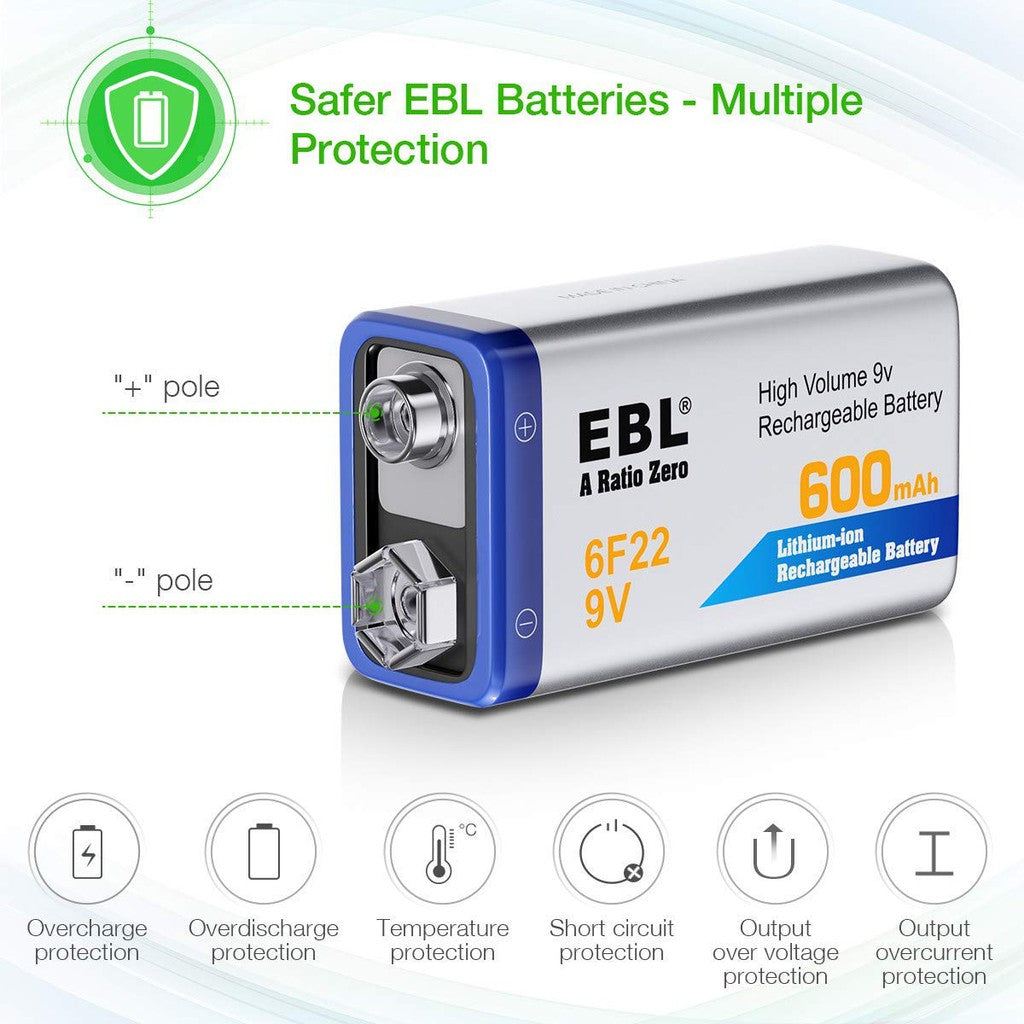 EBL 9V Rechargeable Battery 600mAh Li-ion Lithium-ion 9 Volt 6F22 9 Volts Batteries 9V Chargeable