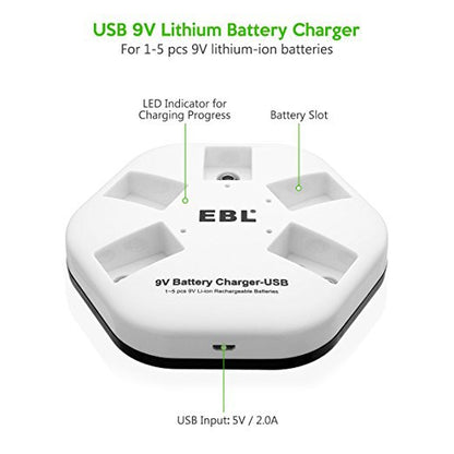 EBL iQuick USB 9V Battery Charger Lithium Battery Charger 5 Charging Slots for 9 Volts Rechargeable