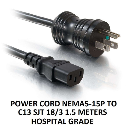 Hospital Grade Power Cord NEMA5 15P TO C13 AWG 18 1.5 Meters Green Dot NEMA5-5P 1.5m Black