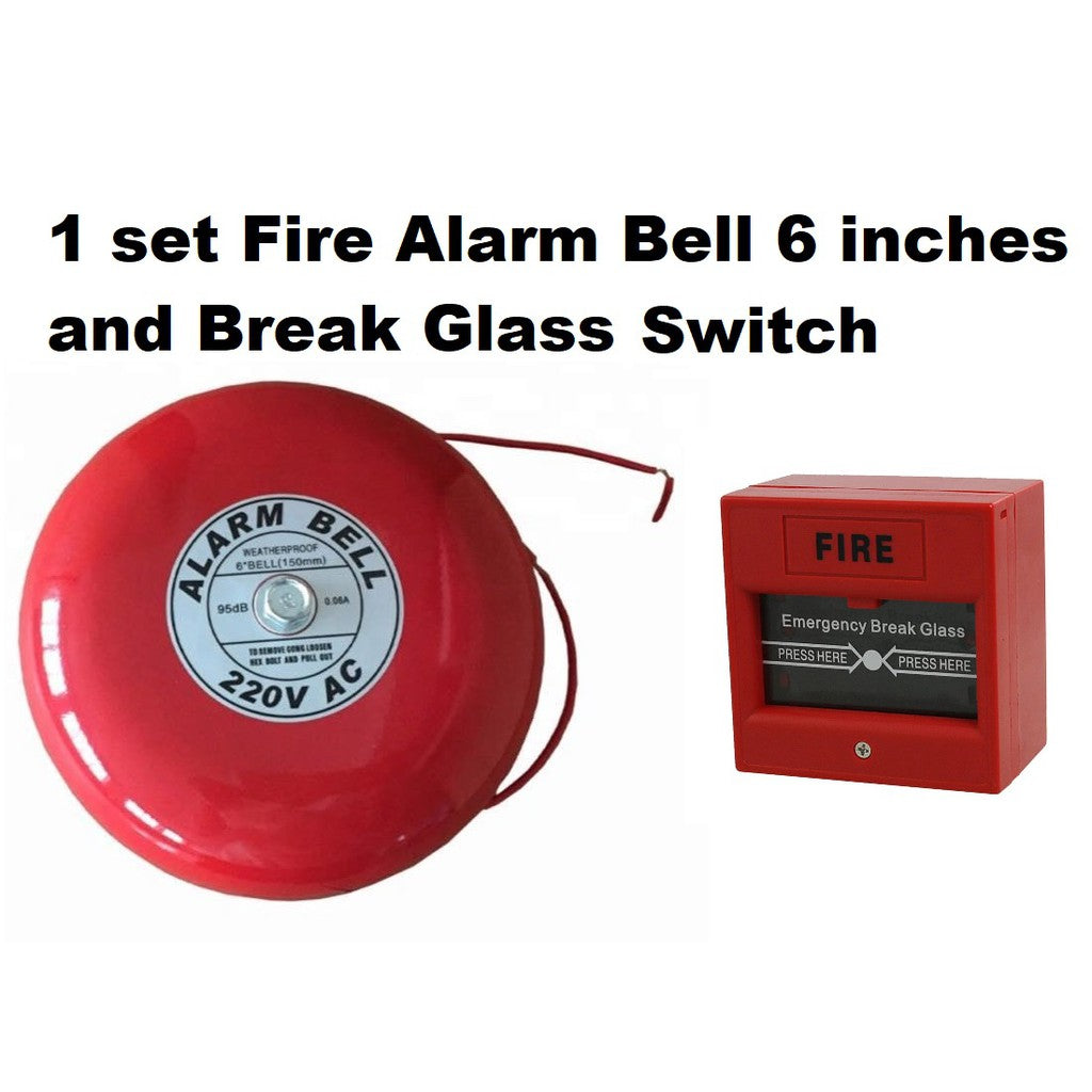 Fire Alarm System Set Fire Alarm Bell 6 inches diameter 220v with Break Glass Call Point Manual Push