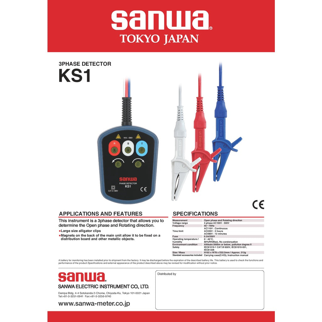 Sanwa KS1 Contact Type 3 Phase Detector Phase Sequence Tester Phase Rotation Testers Phase Indicator