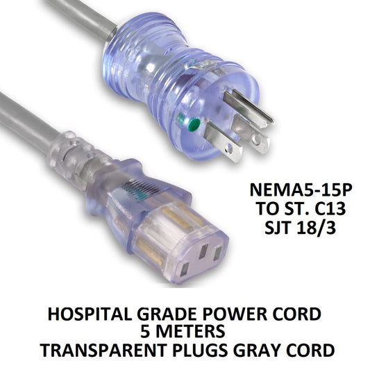 Hospital Grade Power Cord NEMA5 15P TO C13 AWG 18 5 Meters Green Dot NEMA5-5P 5m