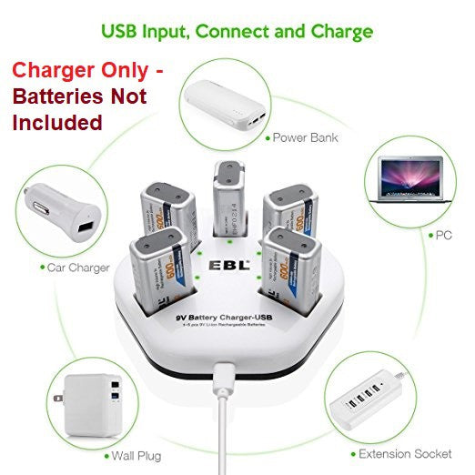 EBL iQuick USB 9V Battery Charger Lithium Battery Charger 5 Charging Slots for 9 Volts Rechargeable