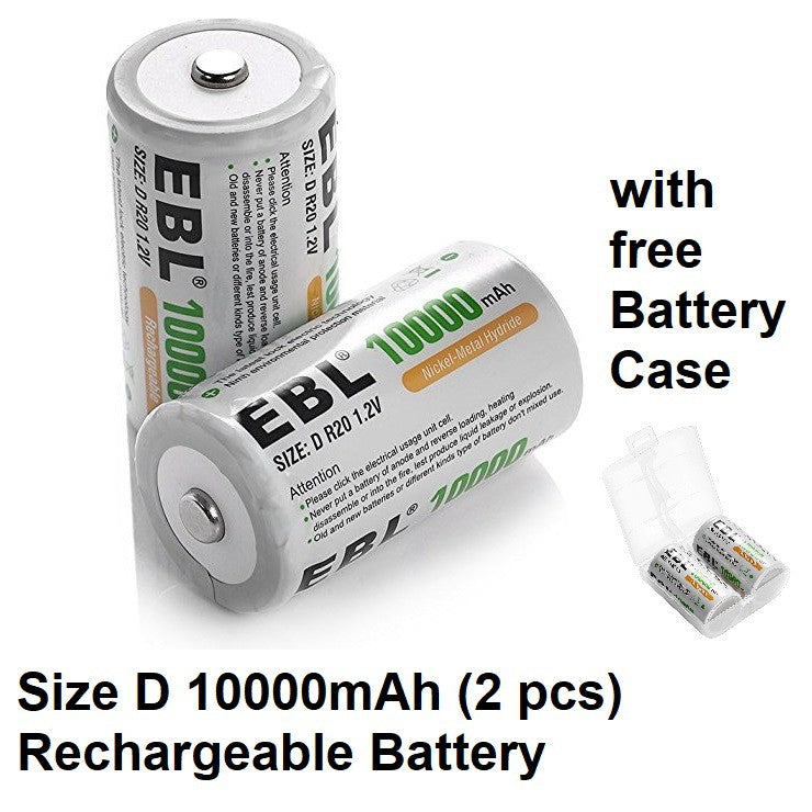 EBL D Size D Cell (2 pcs) 10000mAh Rechargeable Batteries Ni-MH with Case HR20 Rechargeable Battery